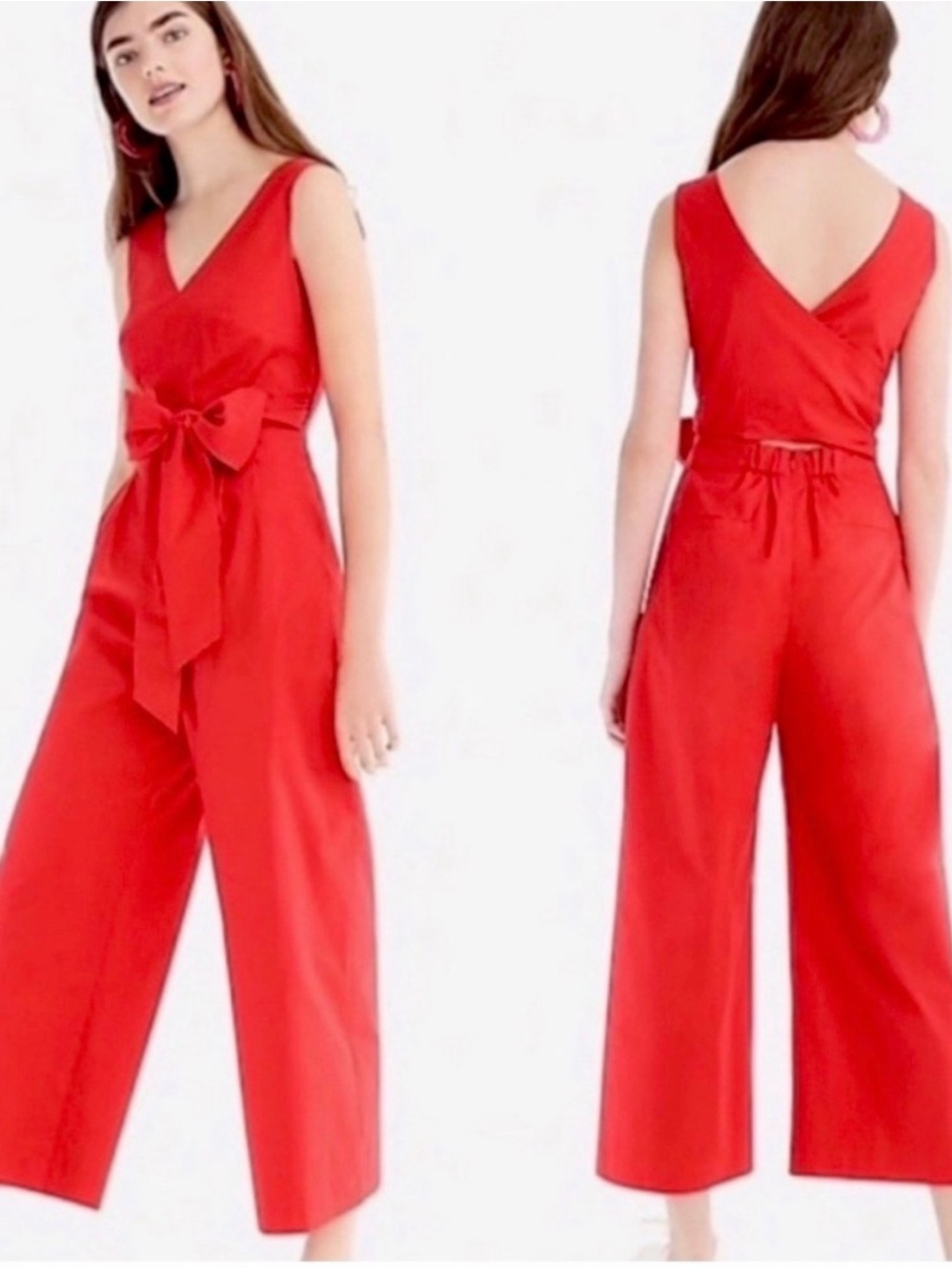 J. Crew Red Sleeveless V-Neck Wide-Leg Jumpsuit with Waist Bow